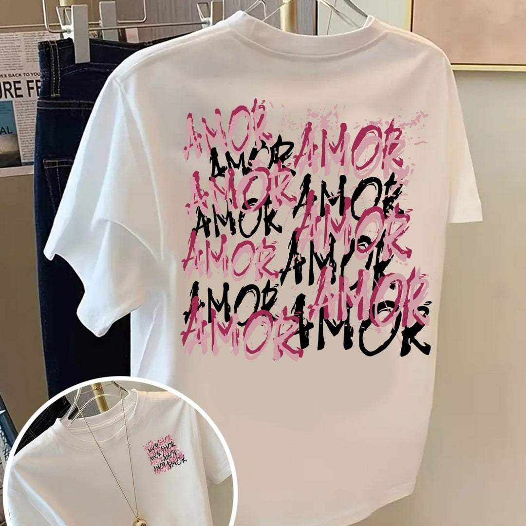 T-shirt met korte mouwen voor- en achterkant AMOR, graffiti typografie modeprint, trendy print T-shirt voor dames voor lente en zomer, modieus en trendy item