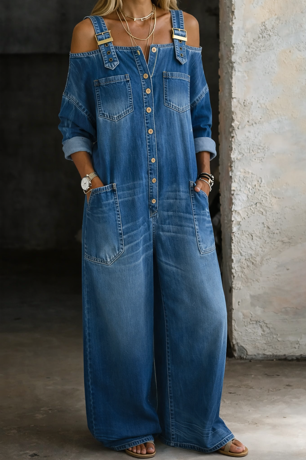 Sophia | Combinaison en denim épaules dénudées