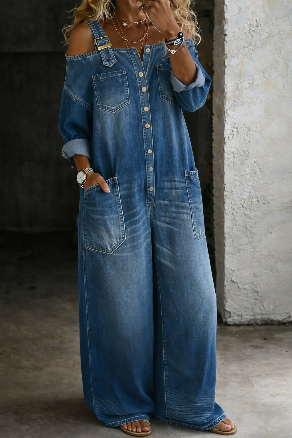 Sophia | Combinaison en denim épaules dénudées