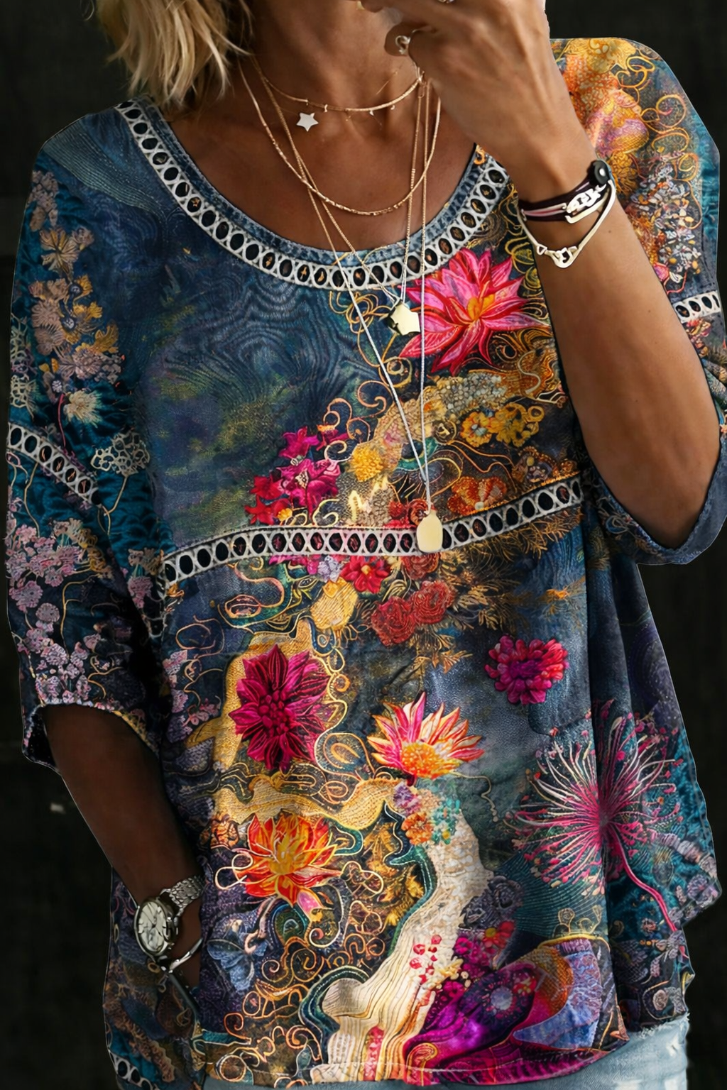 Nicole | Blouse en denim fleuri vintage