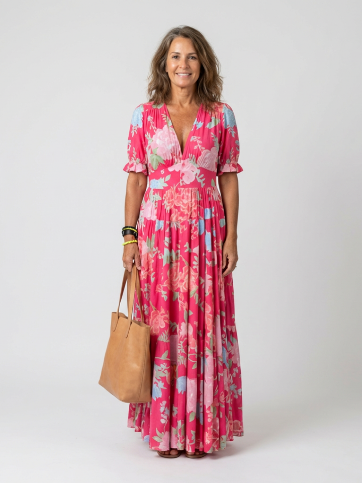 Lone | Short Sleeve V Neck Floral Midi Dress