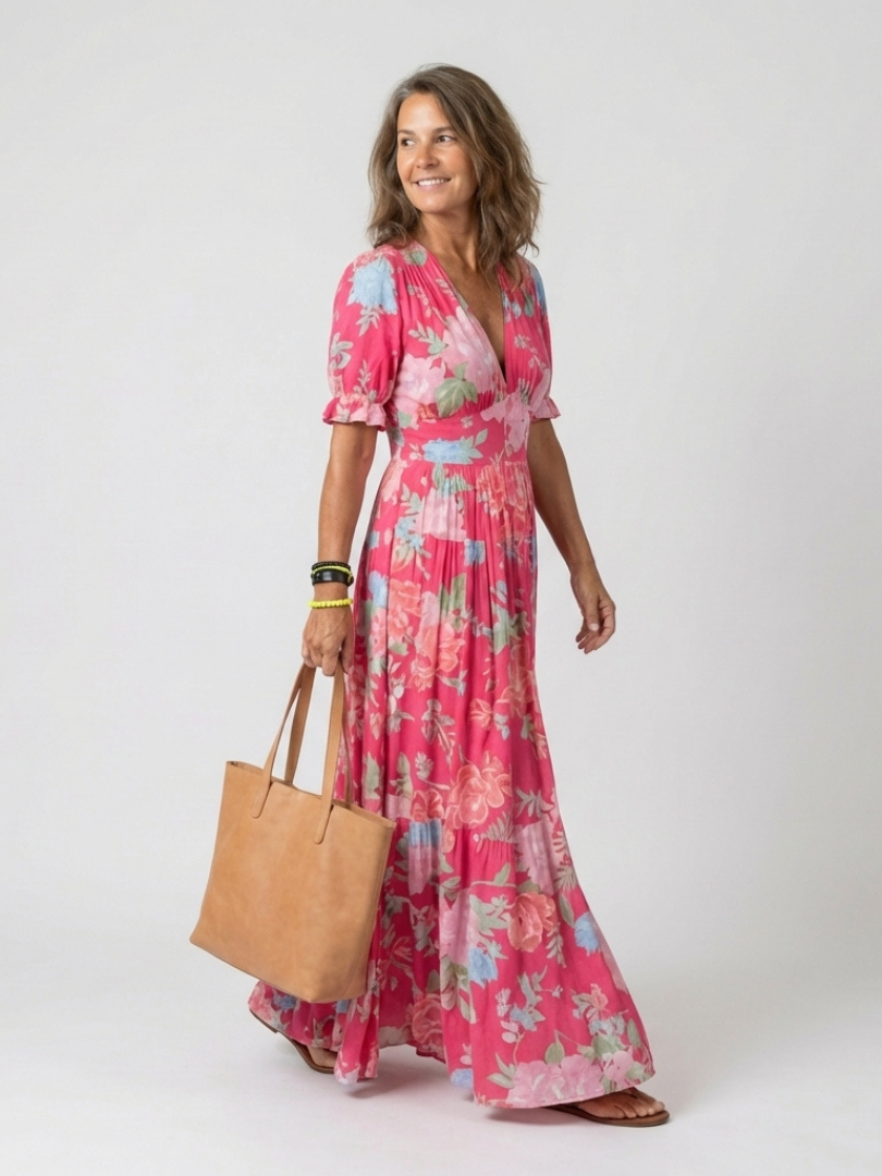 Lone | Short Sleeve V Neck Floral Midi Dress