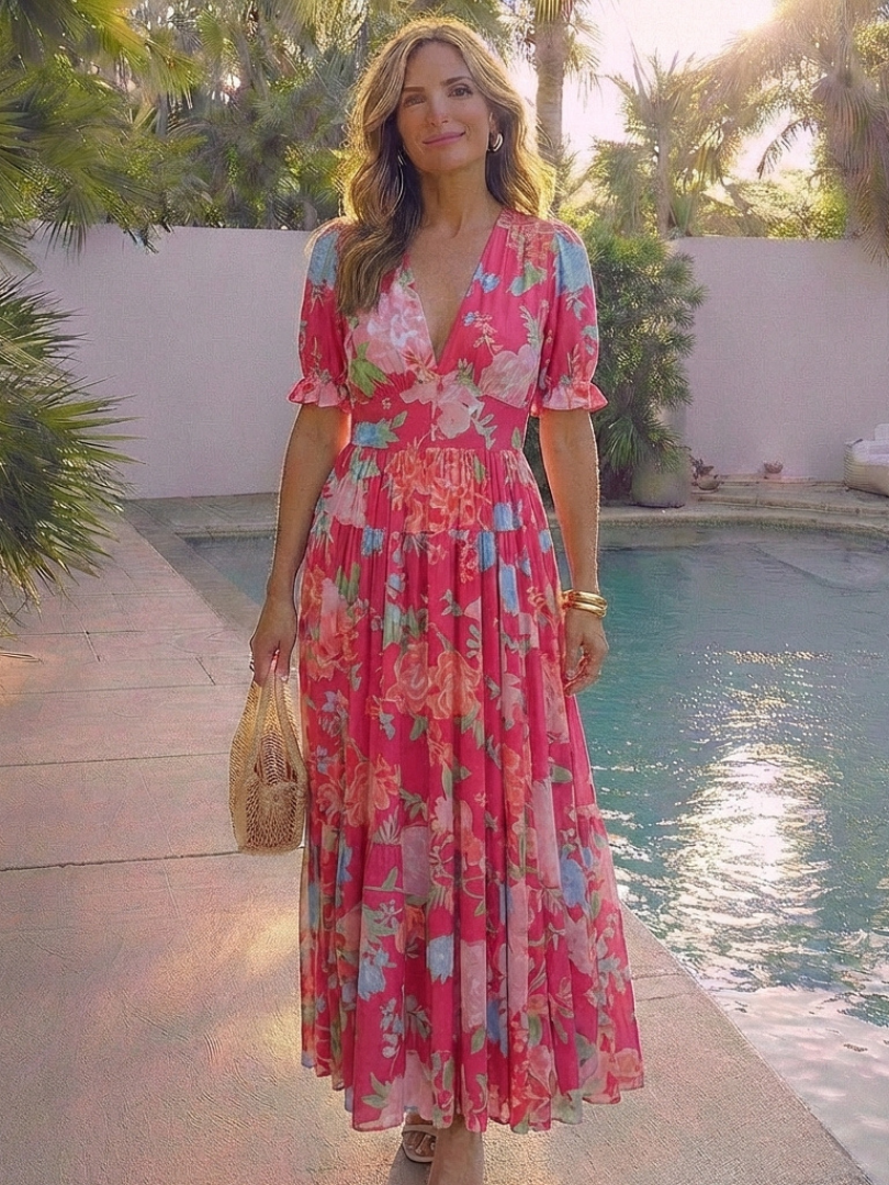 Lone | Short Sleeve V Neck Floral Midi Dress