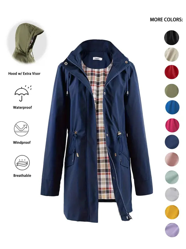 QING™ - Casual Drawstring Zip Up Hooded Trench Coat