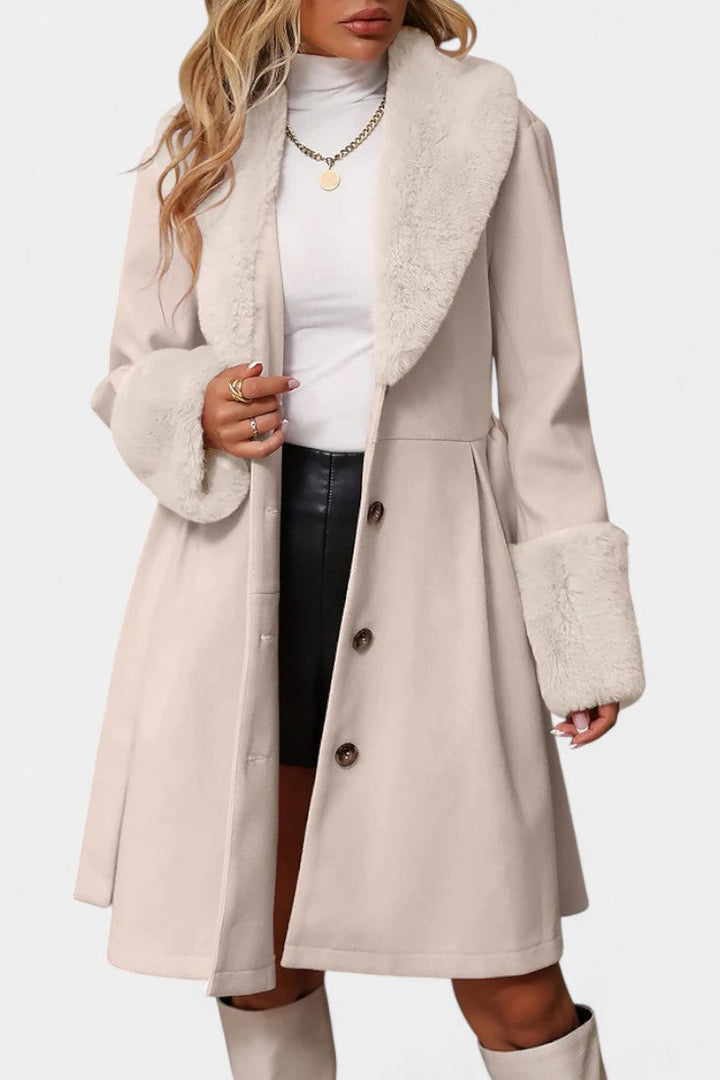Colombine Trapeze Coat with Belt and Faux Fur Details
