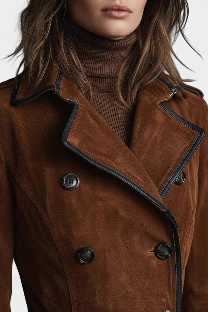 Sandra Long Coat in Suede with Double Breasted and Black Trim